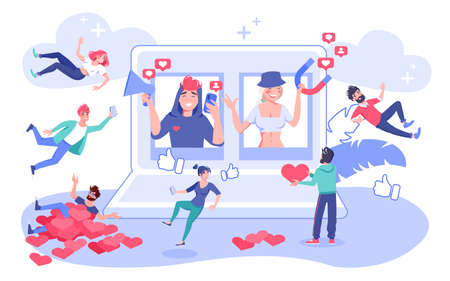 Influencer digital social media marketing, mutual PR in network concept. Woman man blogger opinion leader holding megaphone, magnet attracting follower, like, positive comment, feedback. Smm strategyのイラスト素材