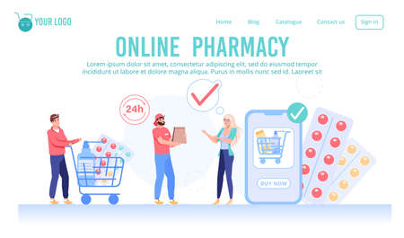 Round-the-clock online pharmacy healthcare service landing page. Order medication pills at mobile drugstore application. Fast express pharmaceutical delivery to home. Man woman customer, courierのイラスト素材