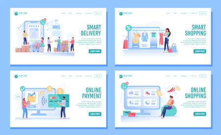 Smart shopping, easy order, express fast delivery, cashless payment service. People shopping at fashion shoes clothing boutique, electronics store, grocery supermarket on internet. Landing page setのイラスト素材