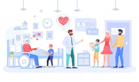 Relatives visiting handicapped grandfather at rehabilitation clinic. Happy young couple, children meeting granny talking to doctor in hospital ward. Positive medical forecast for sick retired patientのイラスト素材