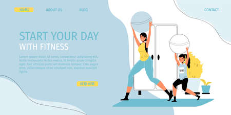 Family fitness daily sport activity, leisure lifestyle, time at home. Happy mother daughter do workout exercise using fitball. Healthy lifestyle indoor during quarantine. Promo landing page designのイラスト素材