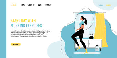 Daily fitness gymnastics at home healthy lifestyle promotion. Every morning routine activity workout training. Woman character jumping rope doing warming up cardio exercise. Landing page designのイラスト素材