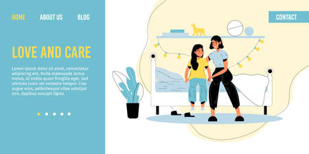 Mother daughter loving relationship. Mom embracing adorable girl child. Woman parent kid having nice conversation before bedtime sitting on bed in cozy bedroom. Happy family. Landing pageのイラスト素材