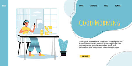 Daily life routine, everyday activity. Young woman enjoying healthy fitness breakfast networking social media using smartphone sit at home kitchen in morning. Good morning landing page design templateのイラスト素材