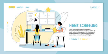 Home schooling. Distance education. E-learning for kid. Schoolgirl get knowledge online. Mother help daughter to study on computer. Web course. lesson or tutorial, software for learning. Landing pageのイラスト素材