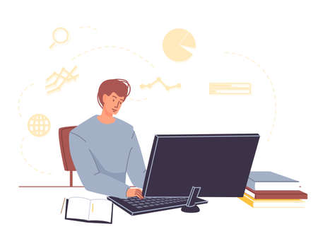 University or college student study online at home. Young man sitting at table learning subject doing school homework on laptop. Virtual lesson, home schooling, remote education, e-learningのイラスト素材