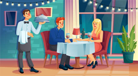 Young man waiter holding dish on tray serving table for guest at restaurant. Couple visitor having romantic dinner sitting at cafe. Modern catering interior. Professional service. Cartoon characterのイラスト素材