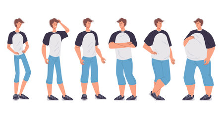 Male character body figure change form underweight slim to oversized extremely morbidly obese. Man having different body mass index, shape, weight, standing in row. Obesity degree. Dieting effectのイラスト素材