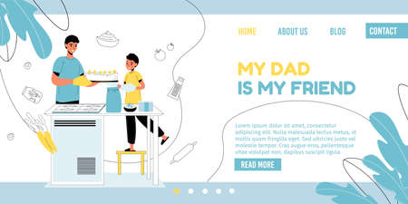 Father day weekend pastime. Dad son child baking homemade sweet dessert cake or pie together. Kitchen interior design. Happy family member daily life. Household concept. Landing page templateのイラスト素材