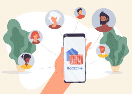 Accommodation hotel booking online service. Mobile application to make room reservation on certain calendar date. Phone search tool app for tourist, traveler. People avatar around smartphone in handのイラスト素材