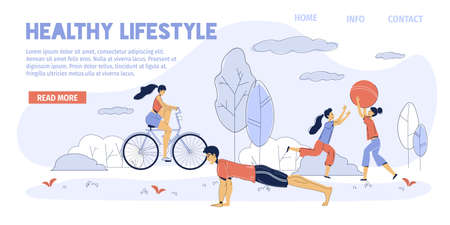 Healthy lifestyle. Happy young family do sport outdoor activity. Parent children training enjoy active leisure entertainment playing, riding bicycle, pushing up in park.のイラスト素材