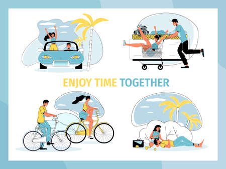Young man woman lover enjoy time together. Cute couple spending time outdoor, having fun in shop, relaxing on picnic, traveling by car or bicycle.のイラスト素材