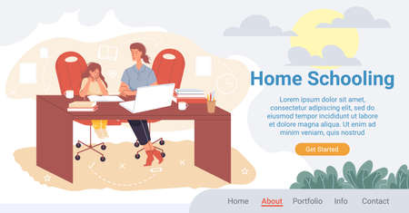 Home schooling landing page. Study process on quarantine organization. Online education service. Video lesson for pupil. Mom help kid learn. Woman tutor teaching girl student in comfortable conditionのイラスト素材