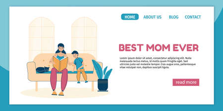 Motherhood or family activity landing page design. Loving mother reading fairytale book to adorable son in evening sitting on sofa at home living room. Daily life schedule, everyday routine. Best momのイラスト素材