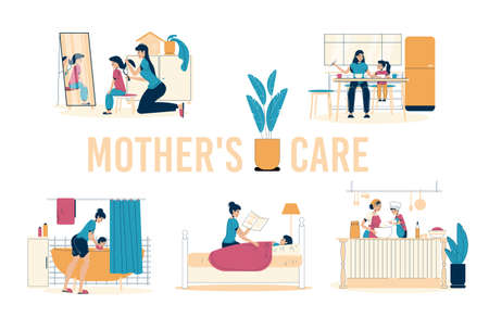 Mother daughter or son care family isolated scene set. Parent child spend time cooking, eating together. Mom doing hair, bathing, reading to kid. Happy motherhood, babysitting. Daily family activityのイラスト素材