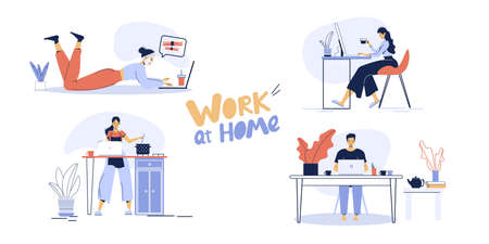 Young man woman freelancer combining remote online work on laptop from home to household chores set. Part time outsource, business training, meeting, communication on internet. Informal atmosphereのイラスト素材