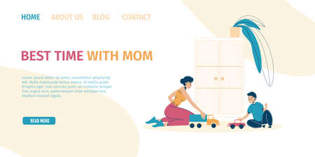 Loving mother playing son enjoy good quality pastime together landing page design template. Mom boy child sitting on playroom floor. Tips service for taking care of preschooler kid, babysittingのイラスト素材