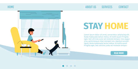 Stay home. Awareness social media campaign. Boy child staying at home watching tv show programm in living room. Health protection, coronavirus outbreak prevention way. Landing page designのイラスト素材