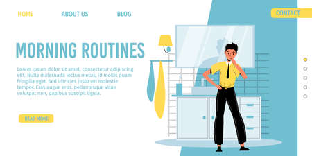 Morning routine landing page design. Schoolboy brushing teeth using toothbrush at home bathroom. Daily hygiene procedure for oral dental care. Everyday activities for healthcare to avoid toothacheのイラスト素材