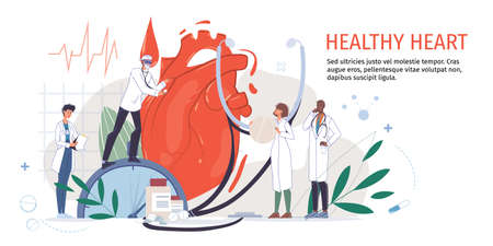 Cartoon flat doctor characters in uniforms,lab coats with medical devices and symbols-heart disease treatment and therapy conceptのイラスト素材
