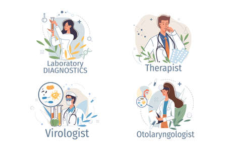 Set of cartoon flat doctor characters in uniform,lab coat with medical devices and symbols-various medic professions career conceptのイラスト素材