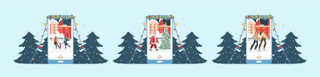 Flat cartoon family characters doing winter outdoor activities,ice skating in snow,Santa...