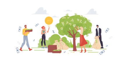 Cartoon flat characters grows profit and harvesting money income - financial investment concept for web online, site designのイラスト素材