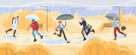 Flat cartoon characters doing autumn activities,walking outdoor under the rain,lifestyle conceptのイラスト素材