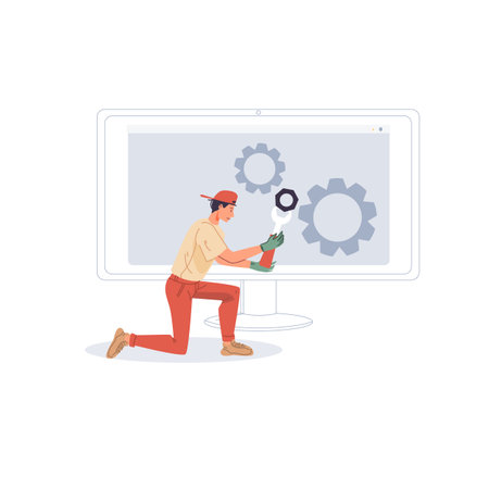 Cartoon flat character at work doing some business - self-employed or office worker, web online, site design conceptのイラスト素材