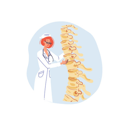 Cartoon flat doctor characters in uniforms,lab coats with medical devices and symbols-spine disease...