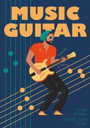 Vector cartoon flat character music band,jazz,rock,blues stylish banner poster web online concept.Musician plays guitar instrument on abstract background-festival,concert,night club flyerのイラスト素材