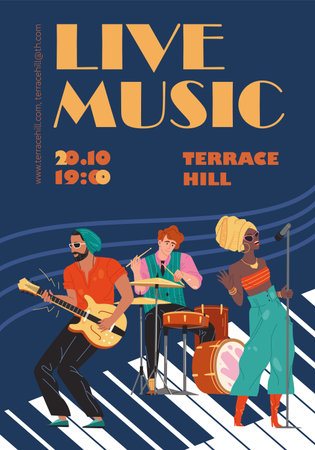 Vector cartoon flat characters music band,jazz,rock,blues stylish banner poster web online concept.Musicians singing,plays trumpet,guitar on abstract background-festival,concert,night club flyerのイラスト素材