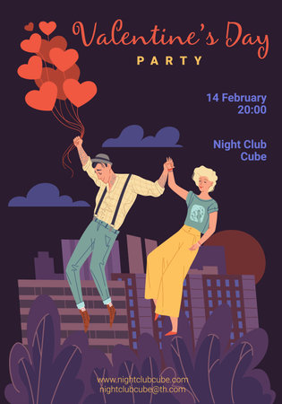 Vector cartoon flat characters in love,trendy young people fly in sky,girl and boy romantic date-Valentine Day party flyer for social media post,poster ad,stylish web banner stories conceptのイラスト素材
