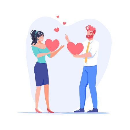 Vector cartoon flat characters couple. Young people in love, happy man woman holding hearts.のイラスト素材