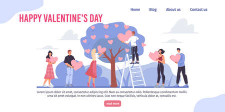 Vector cartoon flat characters Valentine Day greeting card design. Happy loving man woman hang love metaphor heart symbols on tree. February 14 web online landing page.のイラスト素材