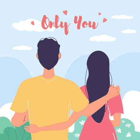 Vector cartoon flat character couple, saint Valentine Day greeting card design. Young man woman in love on date outdoors in park. February 14 text card, web online banner decor.のイラスト素材