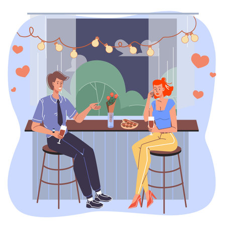 Vector cartoon flat characters lovers couple, trendy young people in love talking, girl and boy romantic date outdoors at restaurant cafe.のイラスト素材