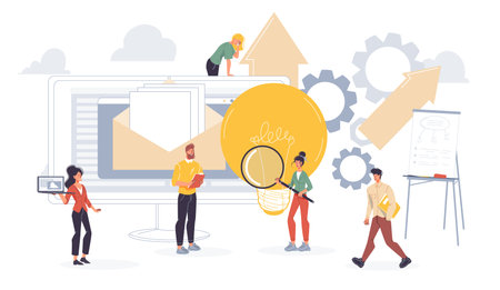 Cartoon flat characters office workers, busy employees doing business and various things at office interior. Workflow of business people conceptのイラスト素材