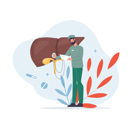 Cartoon flat doctor characters in uniforms,lab coats with medical devices and symbols. liver disease...