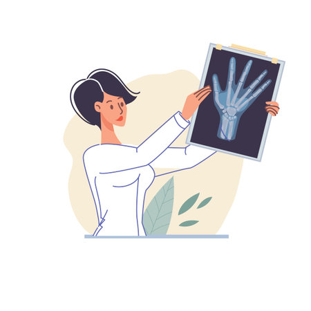 Cartoon flat doctor character in uniform,lab coat with medical pictures and symbols-radiography and...
