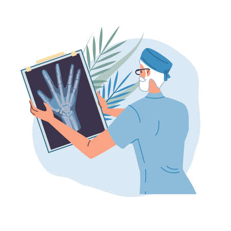 Cartoon flat doctor character in uniform,lab coat with medical pictures and symbols. radiography and x-ray diagnostics concept.のイラスト素材