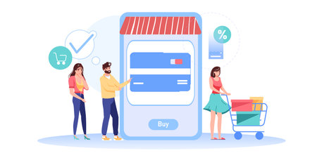 Vector cartoon flat characters thinking,buy goods at online store.のイラスト素材