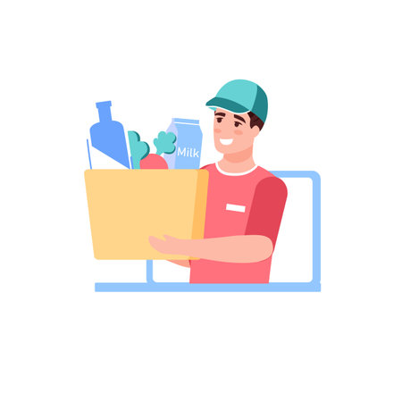 Vector cartoon flat man character carry online order buys. Food delivery service person courier delivers ordered goods from computer app screen-online foods shop.のイラスト素材