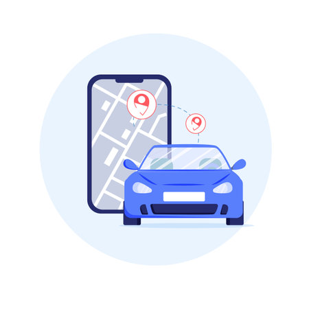 Vector cartoon flat car, gps tracking online app map navigator on smartphone screen with track navigation pins-web site.のイラスト素材