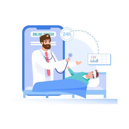 Vector cartoon flat patient,doctor characters.Physician character examines sick person man with viral infection from mobile screen app, web online medical treatment therapy.のイラスト素材