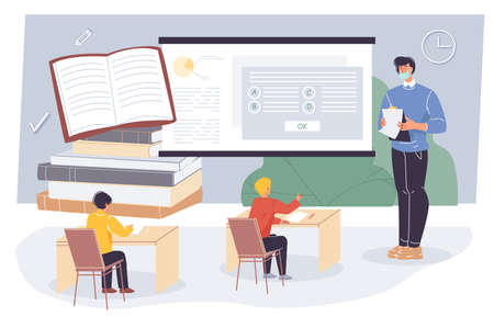 Vector cartoon flat teacher and pupils,students characters do the test exam in class - offline online education concept with various school supplies,symbols,imagesのイラスト素材