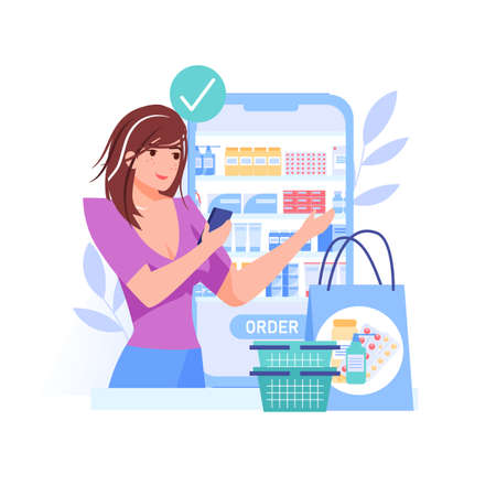 Vector cartoon flat girl character order online,buying goods.Happy customer choose,ordering medications at online pharmacy drug store on mobile app screen-telemedicine,web site banner ad conceptのイラスト素材