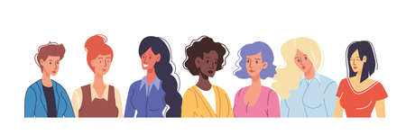 Set of cartoon girl women flat characters of different looks, status and professions. various poses, clothes, emotions. social concept.のイラスト素材