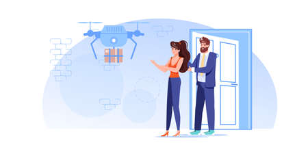 Vector cartoon flat characters receive online order buys from delivery drone. Modern delivery service-quadcopter delivers ordered goods to happy customers-online shop.のイラスト素材