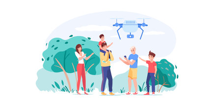 Vector cartoon flat family characters having fun play with drone at park outdoors. Boy control quadcopter flight via smartphone mobile app-happy family, toy shop.のイラスト素材
